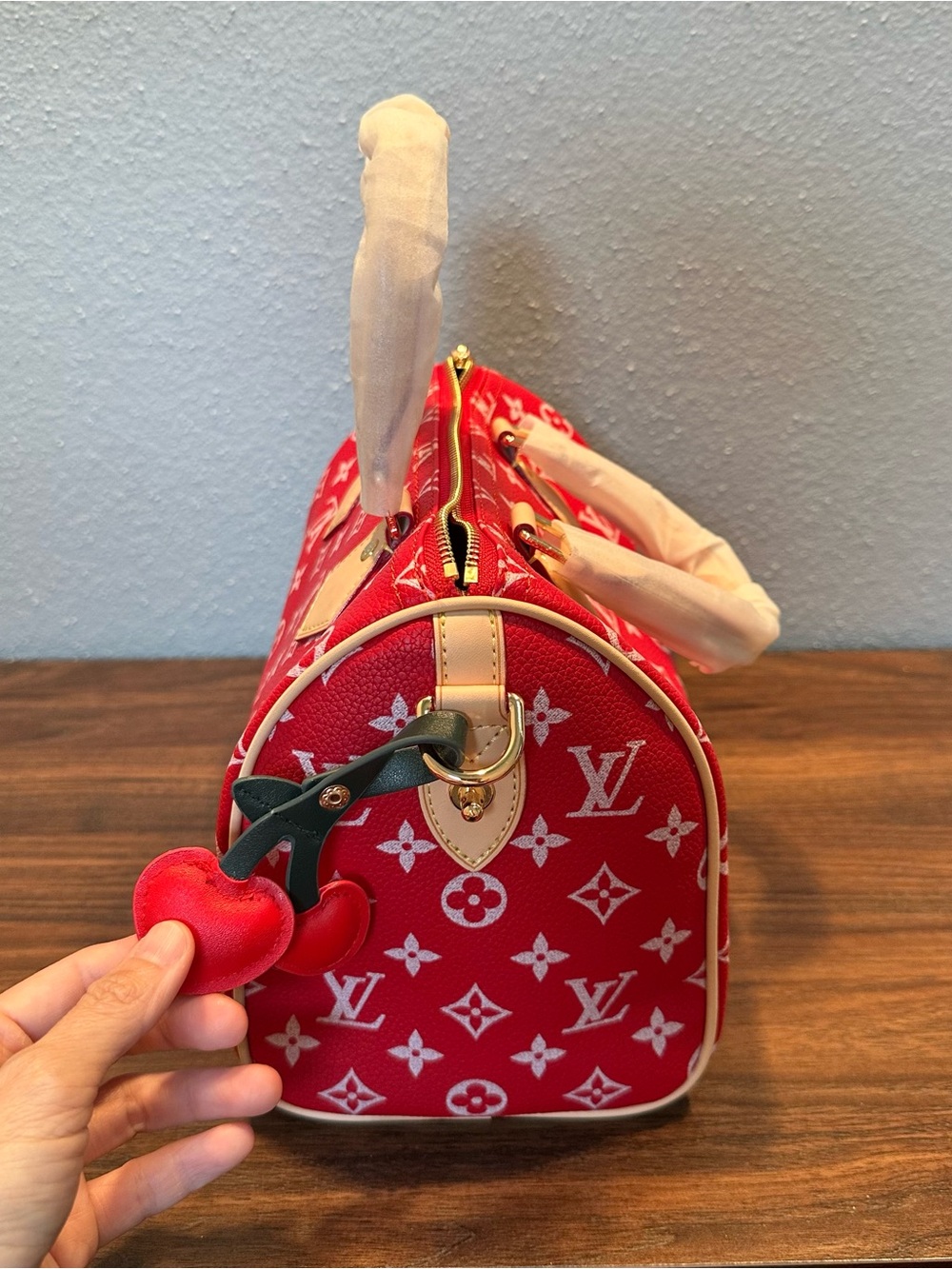 INSPIRED Red Monogram Satchel with Pouch Size 25 P9 - Picture 5 of 16